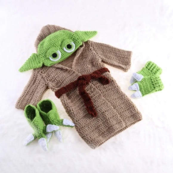 NWOT CUSTOM MADE Star Wars Green Yoda Knit Infant Photo Costume Set - Picture 1 of 2